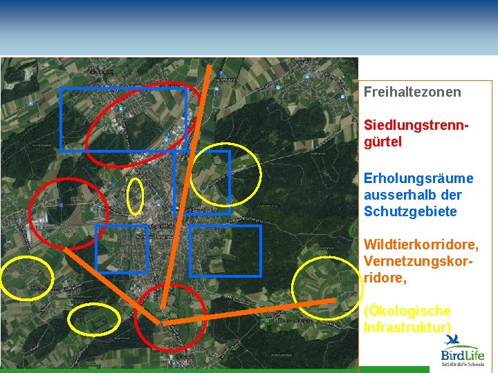 Freihaltezonen Siedlungstrenngürtel Erholungsräume ausserhalb der Schutzgebiete Wildtierkorridore, Vernetzungskorridore, (Ökologische Infrastruktur) 