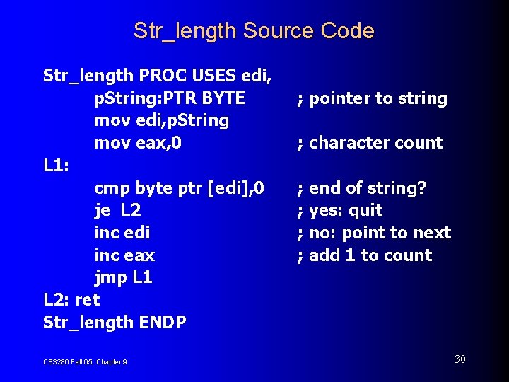 Str_length Source Code Str_length PROC USES edi, p. String: PTR BYTE mov edi, p.