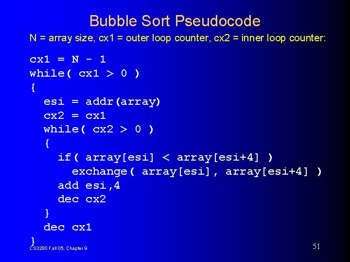 Bubble Sort Pseudocode N = array size, cx 1 = outer loop counter, cx