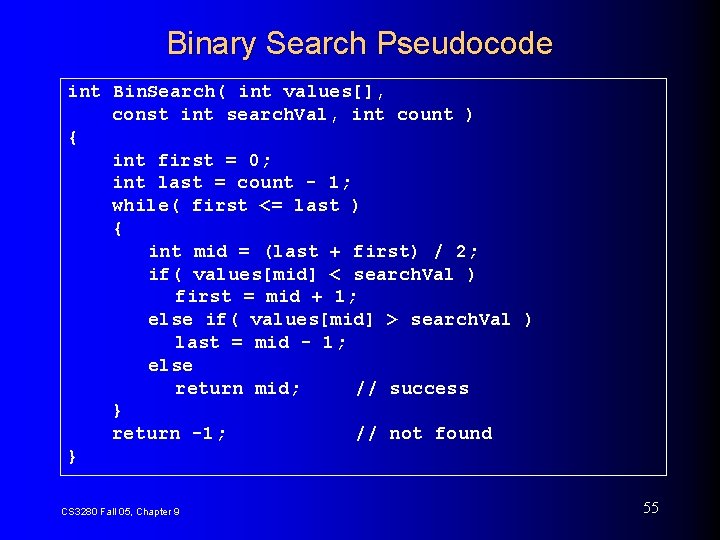 Binary Search Pseudocode int Bin. Search( int values[], const int search. Val, int count