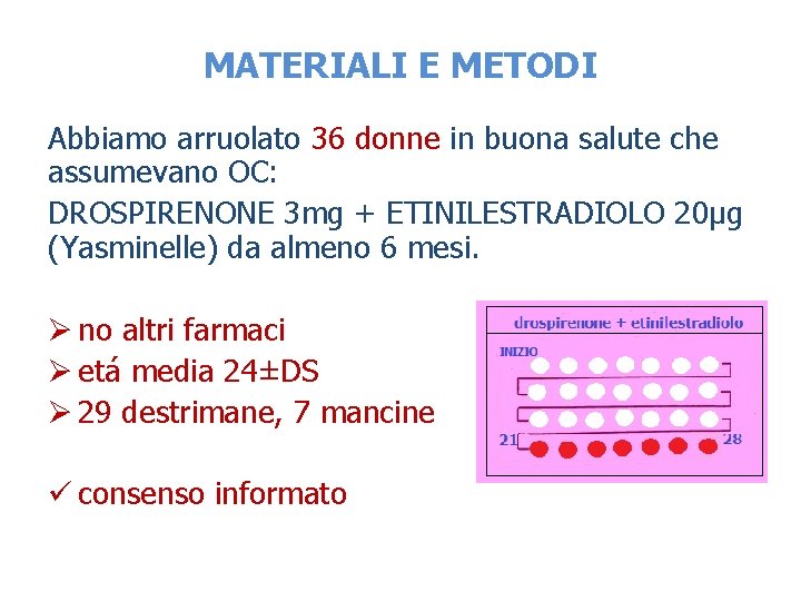 MATERIALI E METODI Abbiamo arruolato 36 donne in buona salute che assumevano OC: DROSPIRENONE