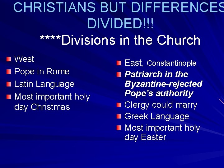 CHRISTIANS BUT DIFFERENCES DIVIDED!!! ****Divisions in the Church West Pope in Rome Latin Language