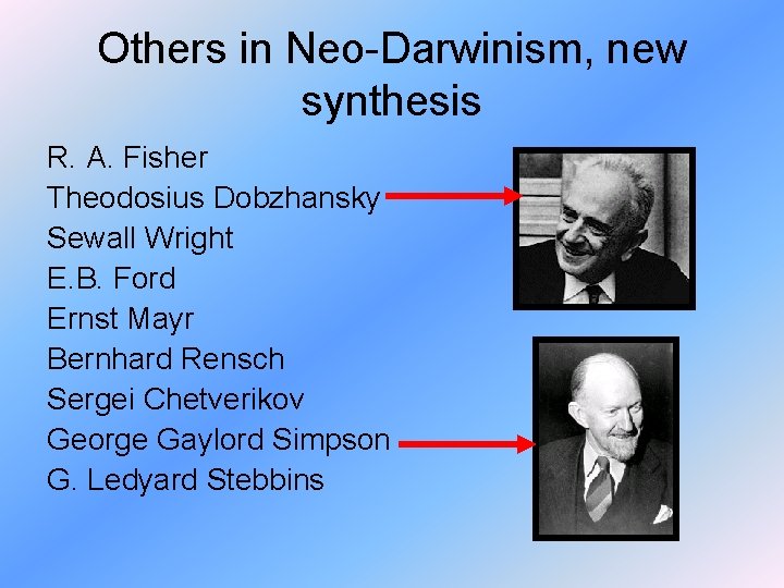 Others in Neo-Darwinism, new synthesis R. A. Fisher Theodosius Dobzhansky Sewall Wright E. B.