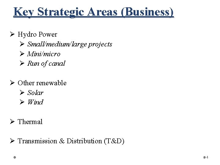 Key Strategic Areas (Business) Ø Hydro Power Ø Small/medium/large projects Ø Mini/micro Ø Run