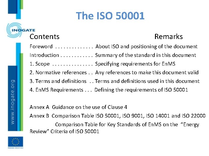 The ISO 50001 Contents Remarks Foreword. . . About ISO and positioning of the