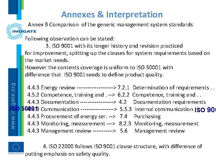 Annexes & Interpretation Annex B Comparison of the generic management system standards Following observation