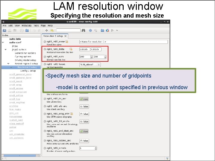 LAM resolution window Specifying the resolution and mesh size • Specify mesh size and