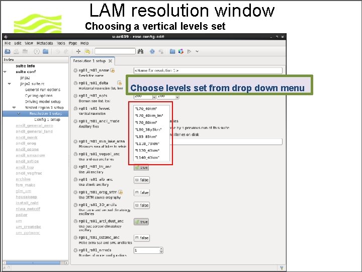 LAM resolution window Choosing a vertical levels set Choose levels set from drop down