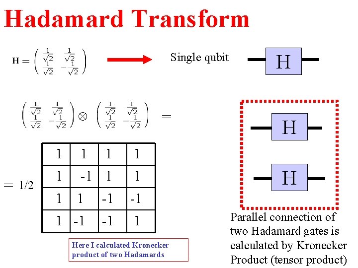 Hadamard Transform Single qubit = = 1/2 1 1 1 -1 -1 1 Here