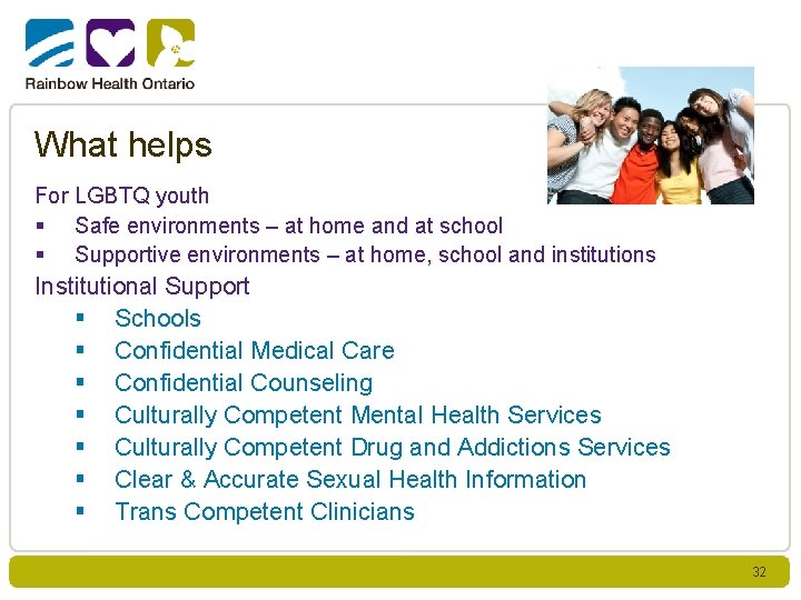What helps For LGBTQ youth § Safe environments – at home and at school