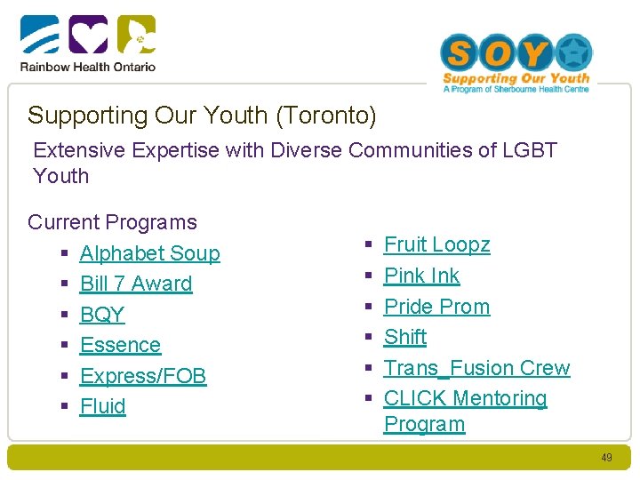 Supporting Our Youth (Toronto) Extensive Expertise with Diverse Communities of LGBT Youth Current Programs