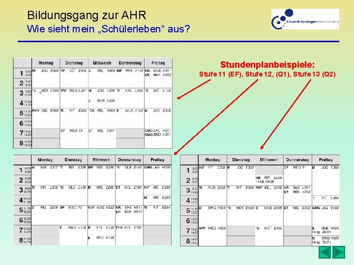 Bildungsgang zur AHR Wie sieht mein „Schülerleben“ aus? Stundenplanbeispiele: Stufe 11 (EF), Stufe 12,