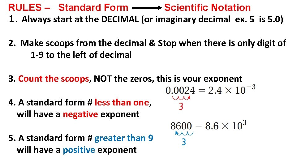 RULES – Standard Form Scientific Notation 1. Always start at the DECIMAL (or imaginary