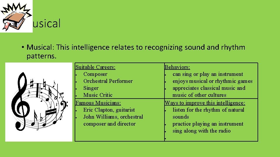 Musical • Musical: This intelligence relates to recognizing sound and rhythm patterns. Suitable Careers: