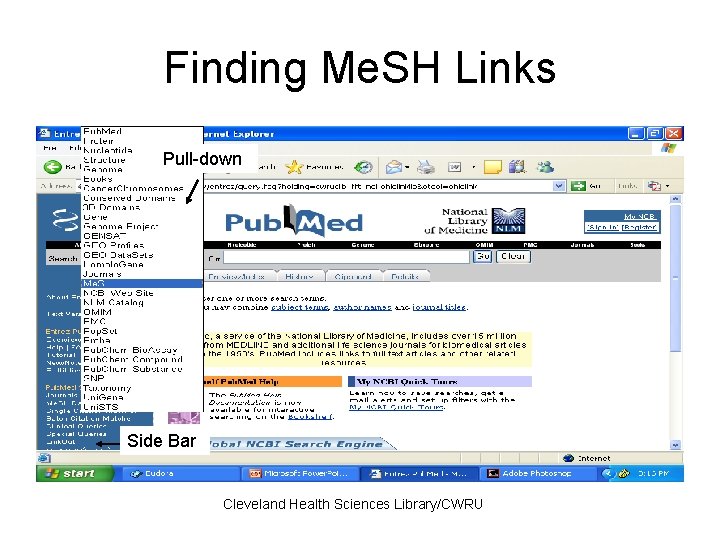 Finding Me. SH Links Pull-down Side Bar Cleveland Health Sciences Library/CWRU 