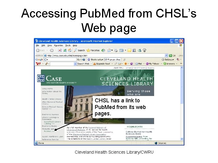 Accessing Pub. Med from CHSL’s Web page CHSL has a link to Pub. Med