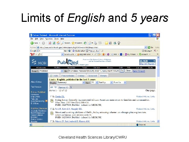 Limits of English and 5 years Cleveland Health Sciences Library/CWRU 