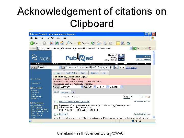 Acknowledgement of citations on Clipboard Cleveland Health Sciences Library/CWRU 