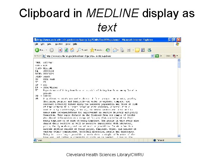 Clipboard in MEDLINE display as text Cleveland Health Sciences Library/CWRU 