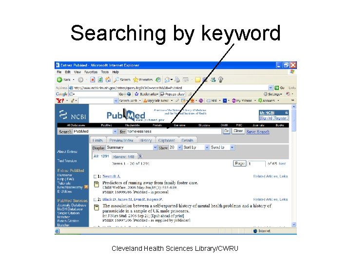 Searching by keyword Cleveland Health Sciences Library/CWRU 