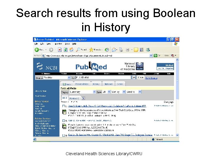 Search results from using Boolean in History Cleveland Health Sciences Library/CWRU 