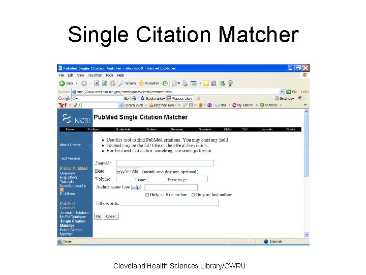 Single Citation Matcher Cleveland Health Sciences Library/CWRU 