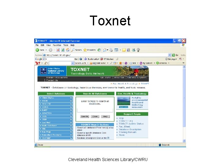 Toxnet Cleveland Health Sciences Library/CWRU 