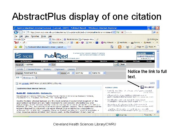 Abstract. Plus display of one citation Notice the link to full text. Cleveland Health