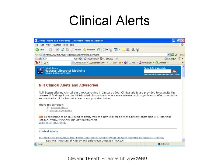 Clinical Alerts Cleveland Health Sciences Library/CWRU 