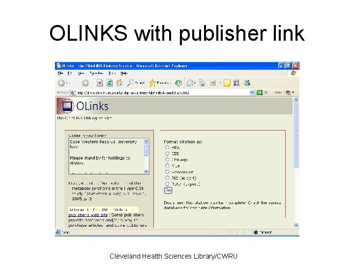 OLINKS with publisher link Cleveland Health Sciences Library/CWRU 