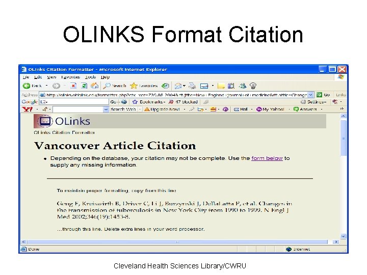 OLINKS Format Citation Cleveland Health Sciences Library/CWRU 