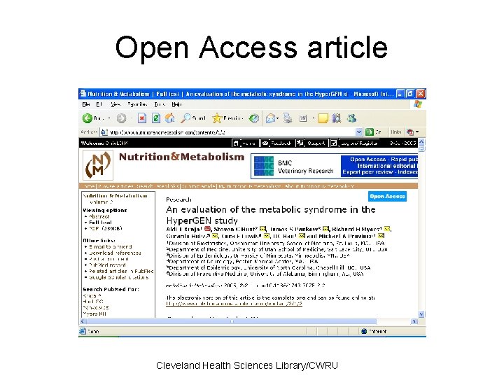 Open Access article Cleveland Health Sciences Library/CWRU 