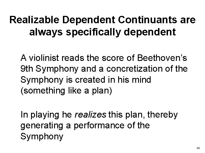 Realizable Dependent Continuants are always specifically dependent A violinist reads the score of Beethoven’s