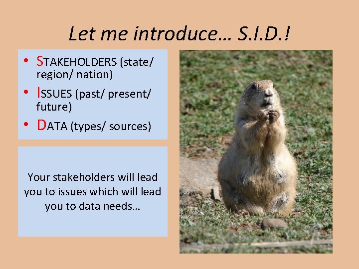 Let me introduce… S. I. D. ! • STAKEHOLDERS (state/ region/ nation) • ISSUES