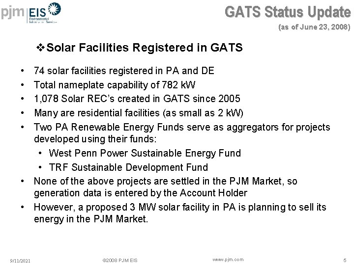 GATS Status Update (as of June 23, 2008) v. Solar Facilities Registered in GATS