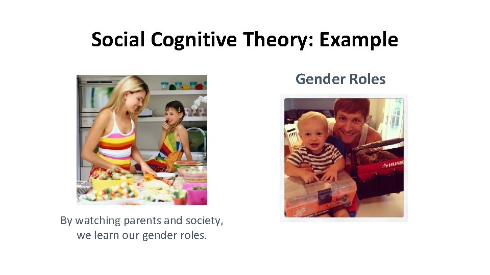 Social Cognitive Theory: Example Gender Roles By watching parents and society, we learn our