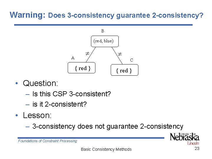 Warning: Does 3 -consistency guarantee 2 -consistency? B {red, blue} A C { red