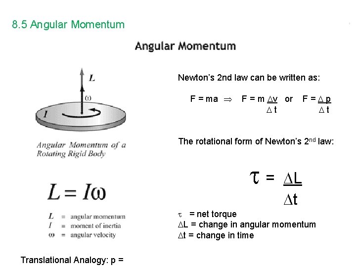 8. 5 Angular Momentum Newton’s 2 nd law can be written as: F =