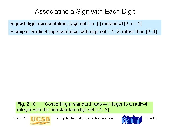 Associating a Sign with Each Digit Signed-digit representation: Digit set [ a, b] instead