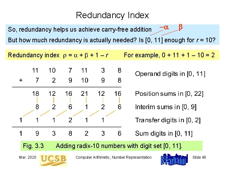 Redundancy Index So, redundancy helps us achieve carry-free addition -a b But how much