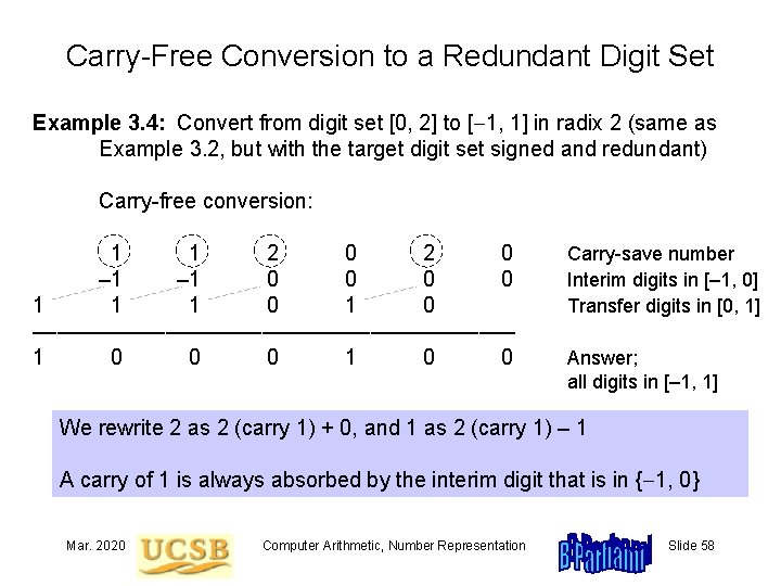 Carry-Free Conversion to a Redundant Digit Set Example 3. 4: Convert from digit set