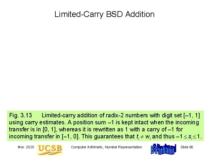 Limited-Carry BSD Addition Fig. 3. 13 Limited-carry addition of radix-2 numbers with digit set