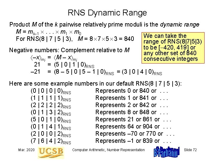 RNS Dynamic Range Product M of the k pairwise relatively prime moduli is the