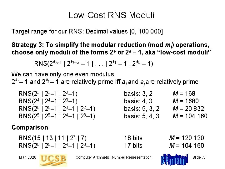 Low-Cost RNS Moduli Target range for our RNS: Decimal values [0, 100 000] Strategy