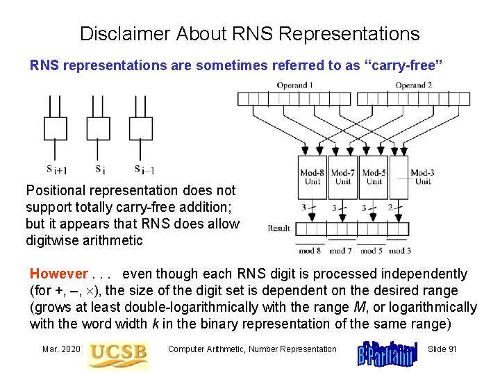 Disclaimer About RNS Representations RNS representations are sometimes referred to as “carry-free” Positional representation