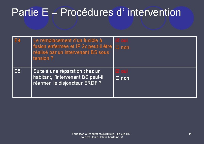 Partie E – Procédures d’ intervention E 4 oui Le remplacement d’un fusible à