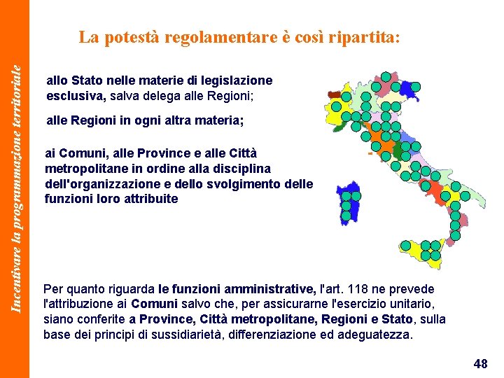 Incentivare la programmazione territoriale La potestà regolamentare è così ripartita: allo Stato nelle materie