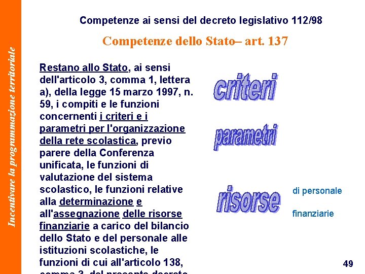 Incentivare la programmazione territoriale Competenze ai sensi del decreto legislativo 112/98 Competenze dello Stato–