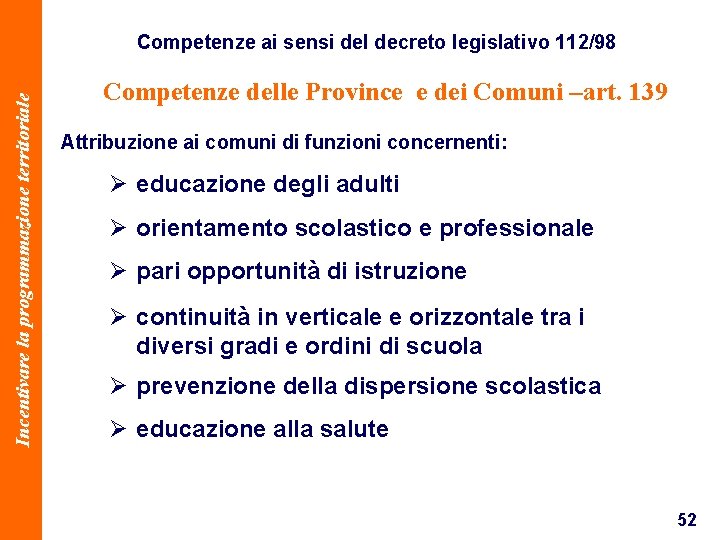 Incentivare la programmazione territoriale Competenze ai sensi del decreto legislativo 112/98 Competenze delle Province