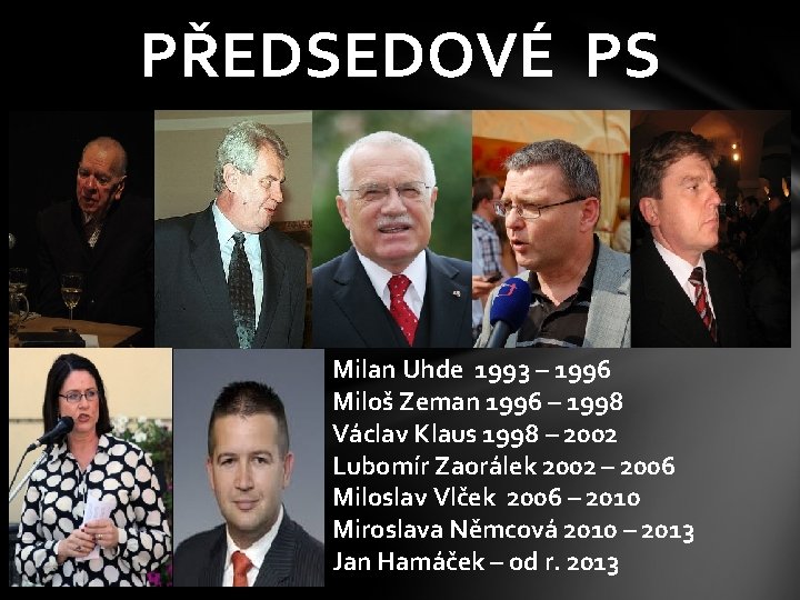 PŘEDSEDOVÉ PS Milan Uhde 1993 – 1996 Miloš Zeman 1996 – 1998 Václav Klaus